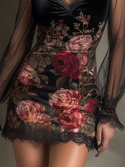 Vestido Mini Terciopelo Negro Rosas Malla Encaje