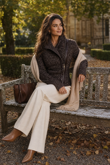 Chaqueta Punto Marrón Cremallera Asimétrica