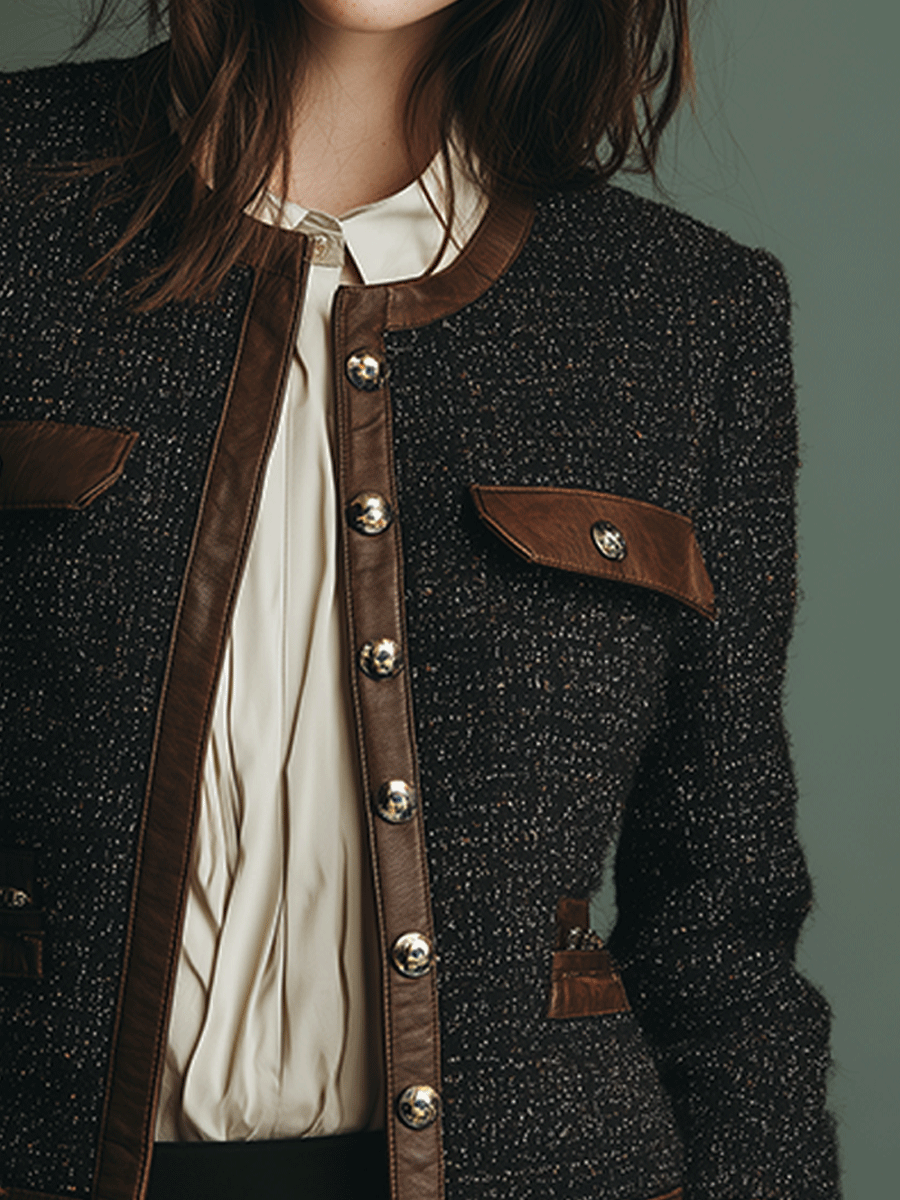 Chaqueta Tweed Negra Ribete Piel Clásica