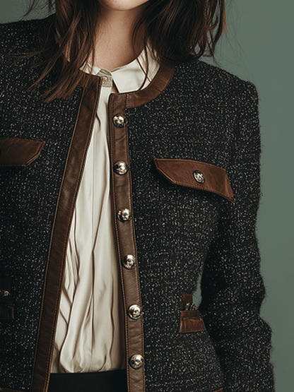 Chaqueta Tweed Negra Ribete Piel Clásica