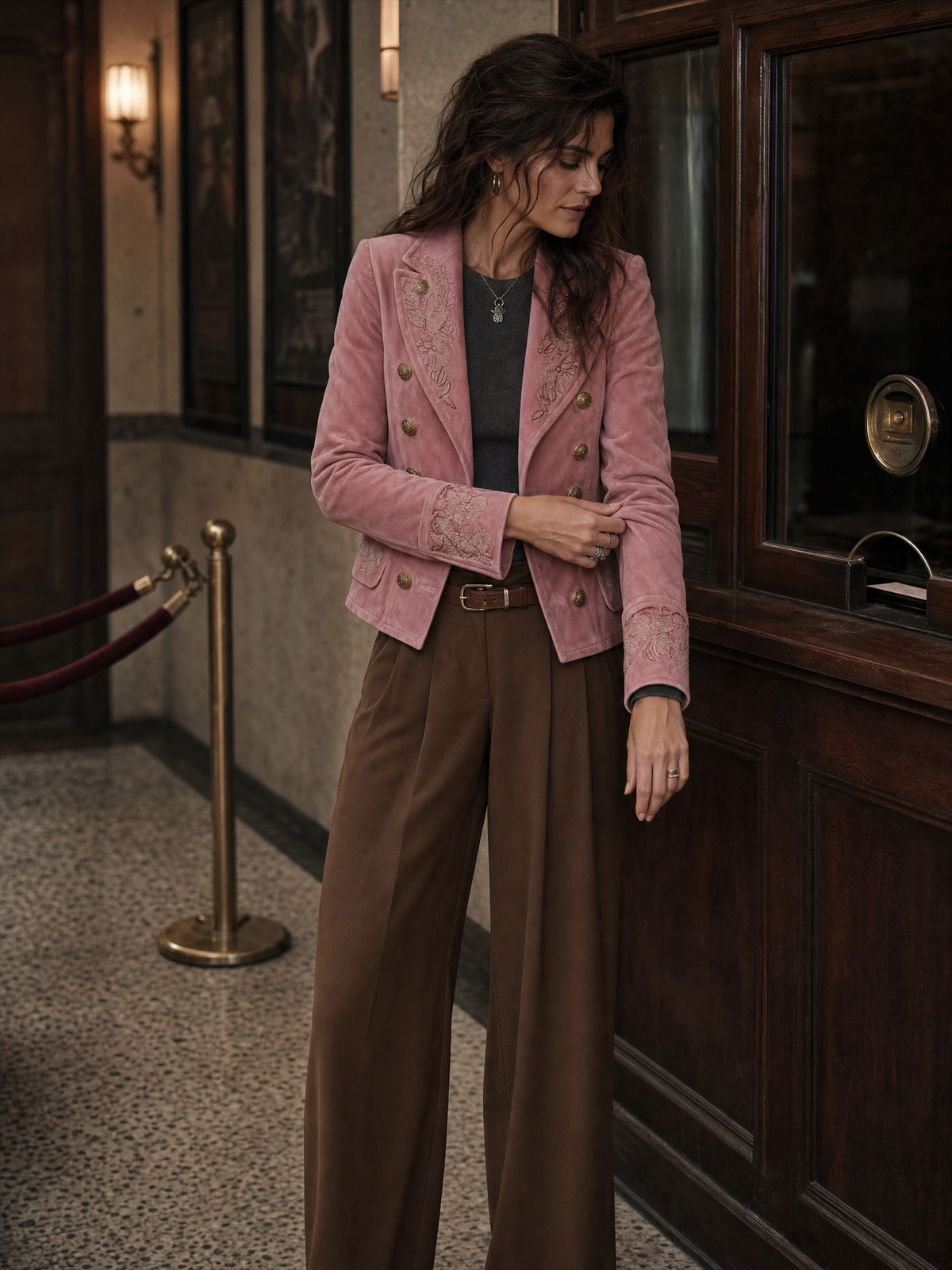 Chaqueta Ante Rosa Cruzada Bordada