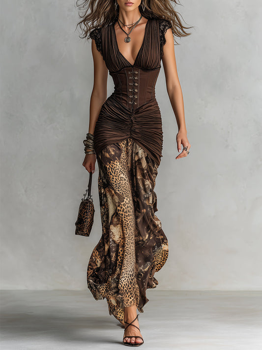 Vestido Maxi Corsé Estampado Leopardo Plisado
