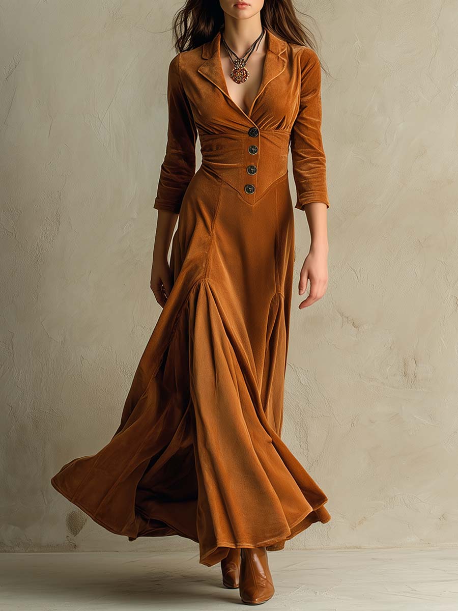 Vestido Maxi Caramelo Terciopelo Estilo Blazer