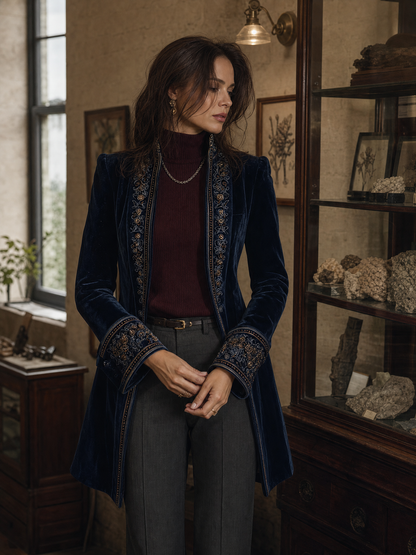 Chaqueta Terciopelo Azul Marino Bordado Floral