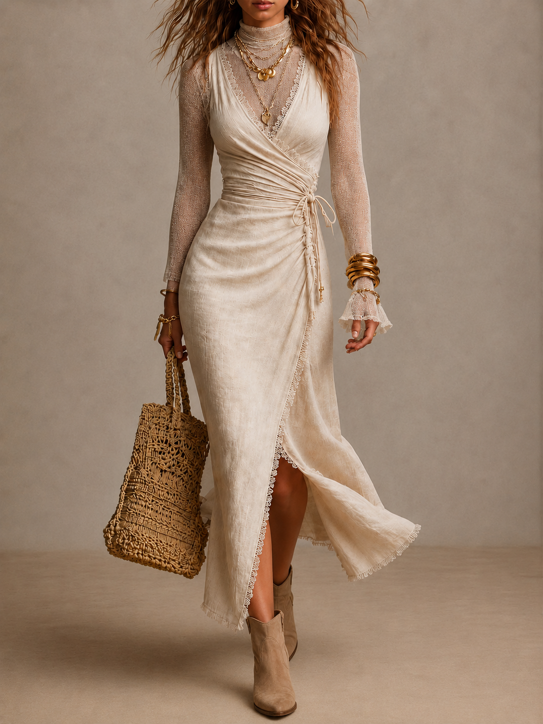 Vestido Midi Lino Crudo Cruzado Encaje