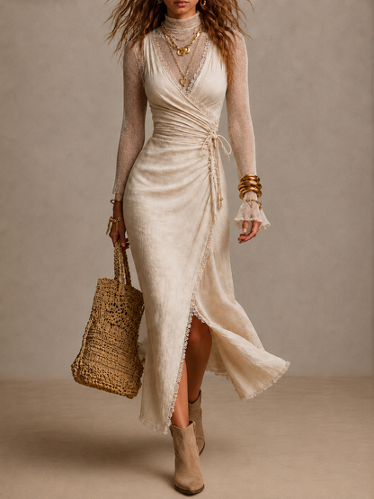 Vestido Midi Lino Crudo Cruzado Encaje