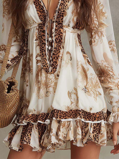 Vestido Mini Crema Boho Estampado Volante