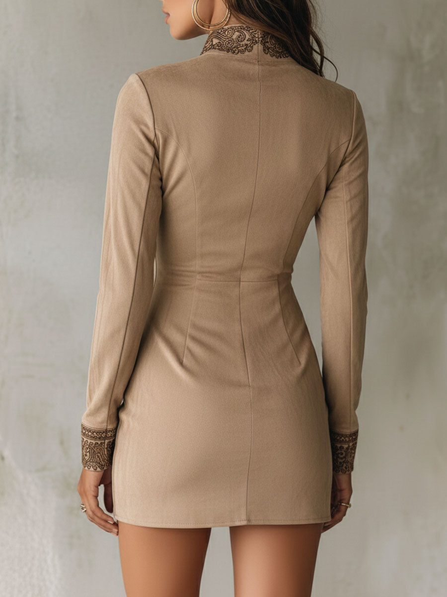 Vestido Mini Ante Beige Bordado Cremallera
