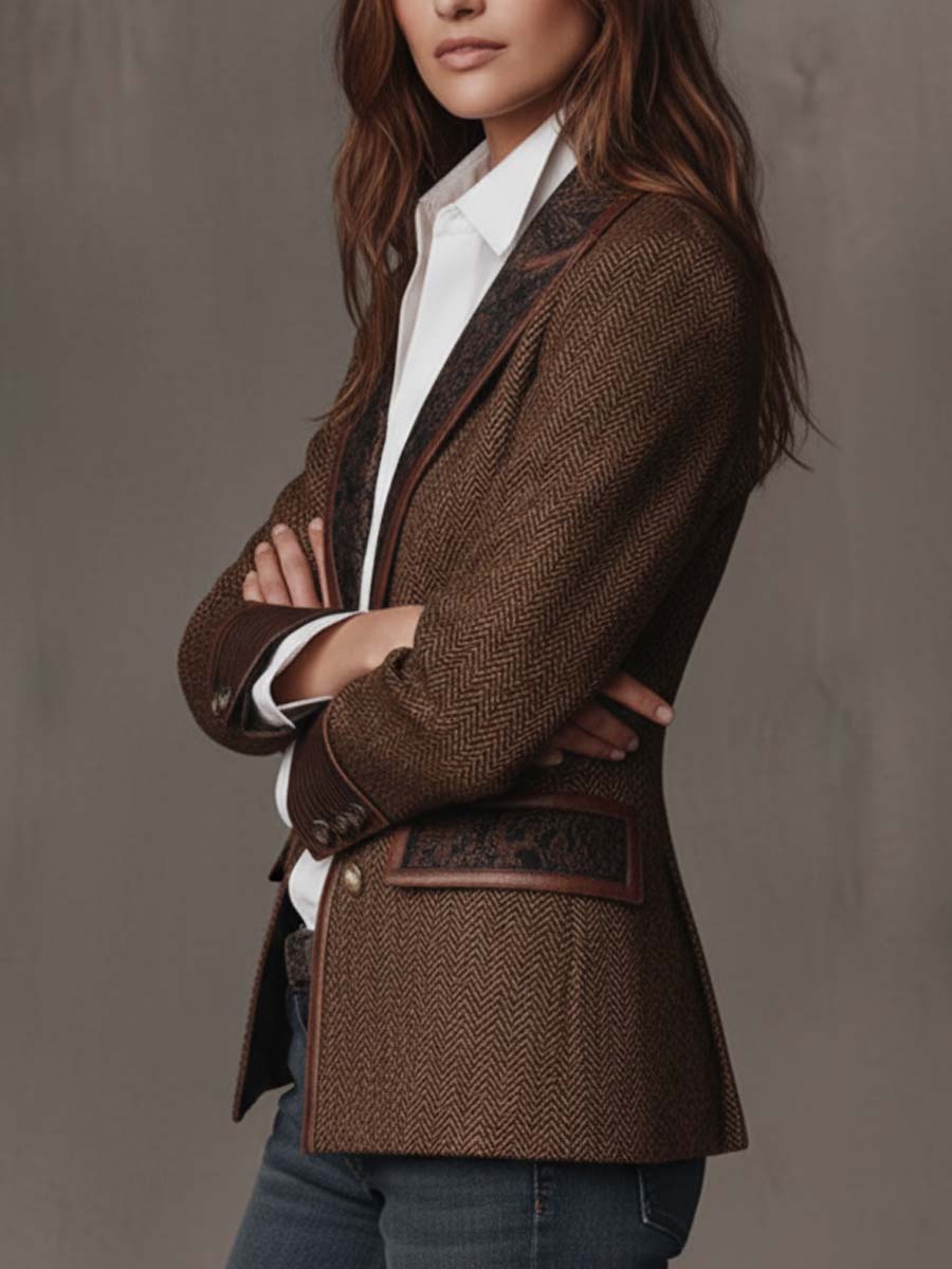 Blazer Tweed Espiga Marrón Paneles Estampados