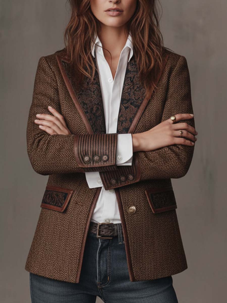 Blazer Tweed Espiga Marrón Paneles Estampados
