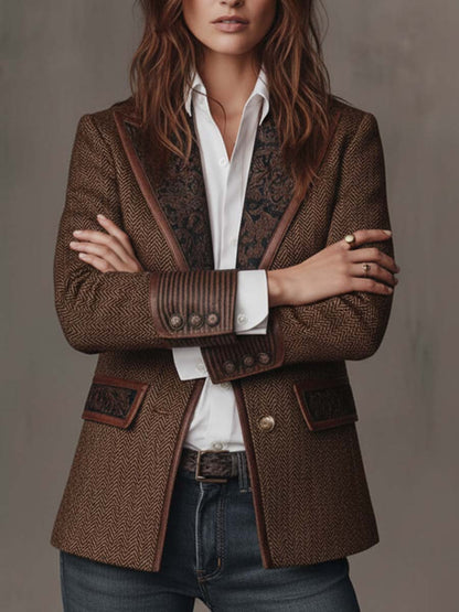 Blazer Tweed Espiga Marrón Paneles Estampados