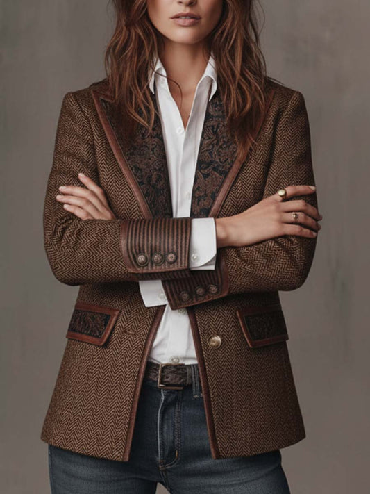 Blazer Tweed Espiga Marrón Paneles Estampados