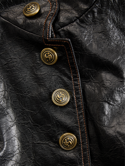 Chaqueta Piel Negra Cuello Mao Botones Metálicos