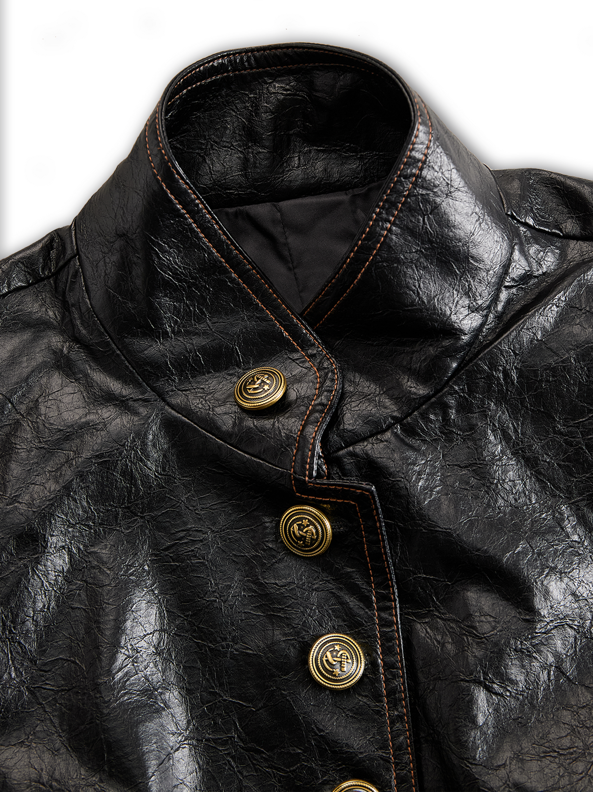 Chaqueta Piel Negra Cuello Mao Botones Metálicos