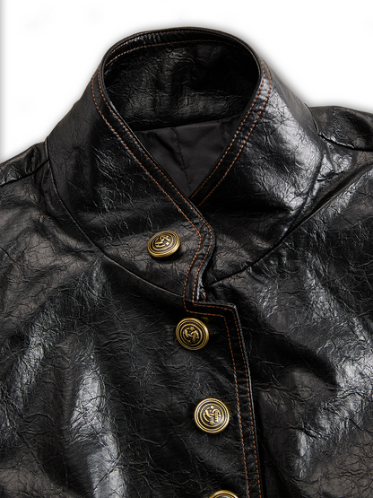 Chaqueta Piel Negra Cuello Mao Botones Metálicos