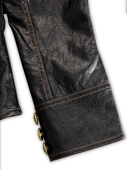 Chaqueta Piel Negra Cuello Mao Botones Metálicos