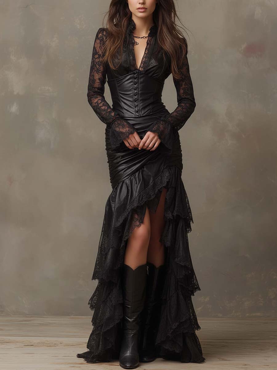 Vestido Maxi Negro Piel Corsé Mangas Encaje