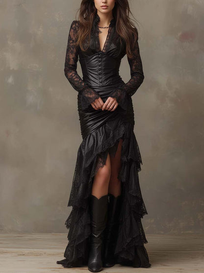 Vestido Maxi Negro Piel Corsé Mangas Encaje