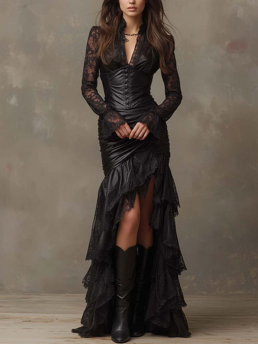 Vestido Maxi Negro Piel Corsé Mangas Encaje