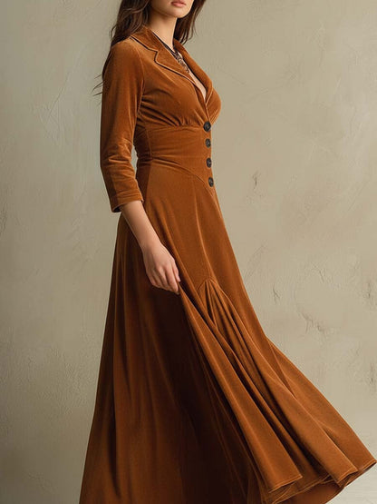 Vestido Maxi Caramelo Terciopelo Estilo Blazer