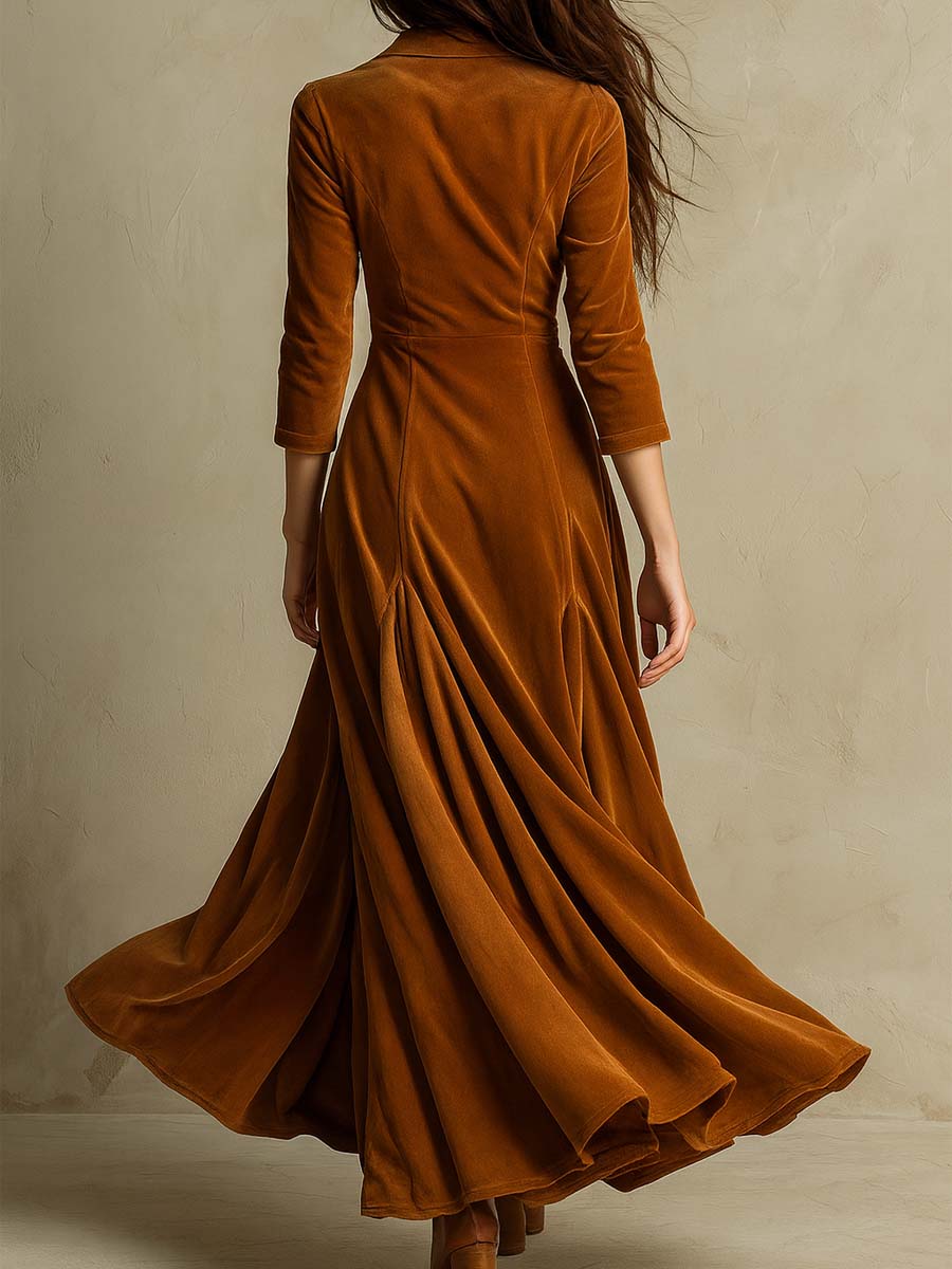 Vestido Maxi Caramelo Terciopelo Estilo Blazer
