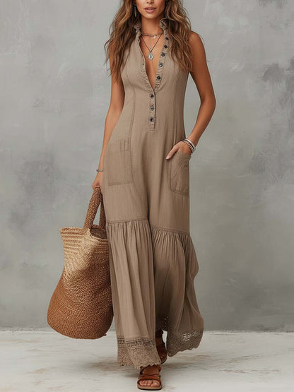 Vestido Maxi Caqui Algodón Sin Mangas