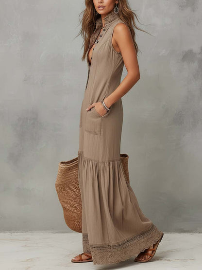 Vestido Maxi Caqui Algodón Sin Mangas