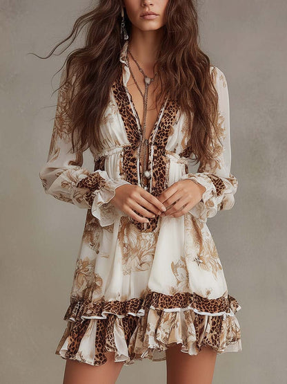 Vestido Mini Crema Boho Estampado Volante