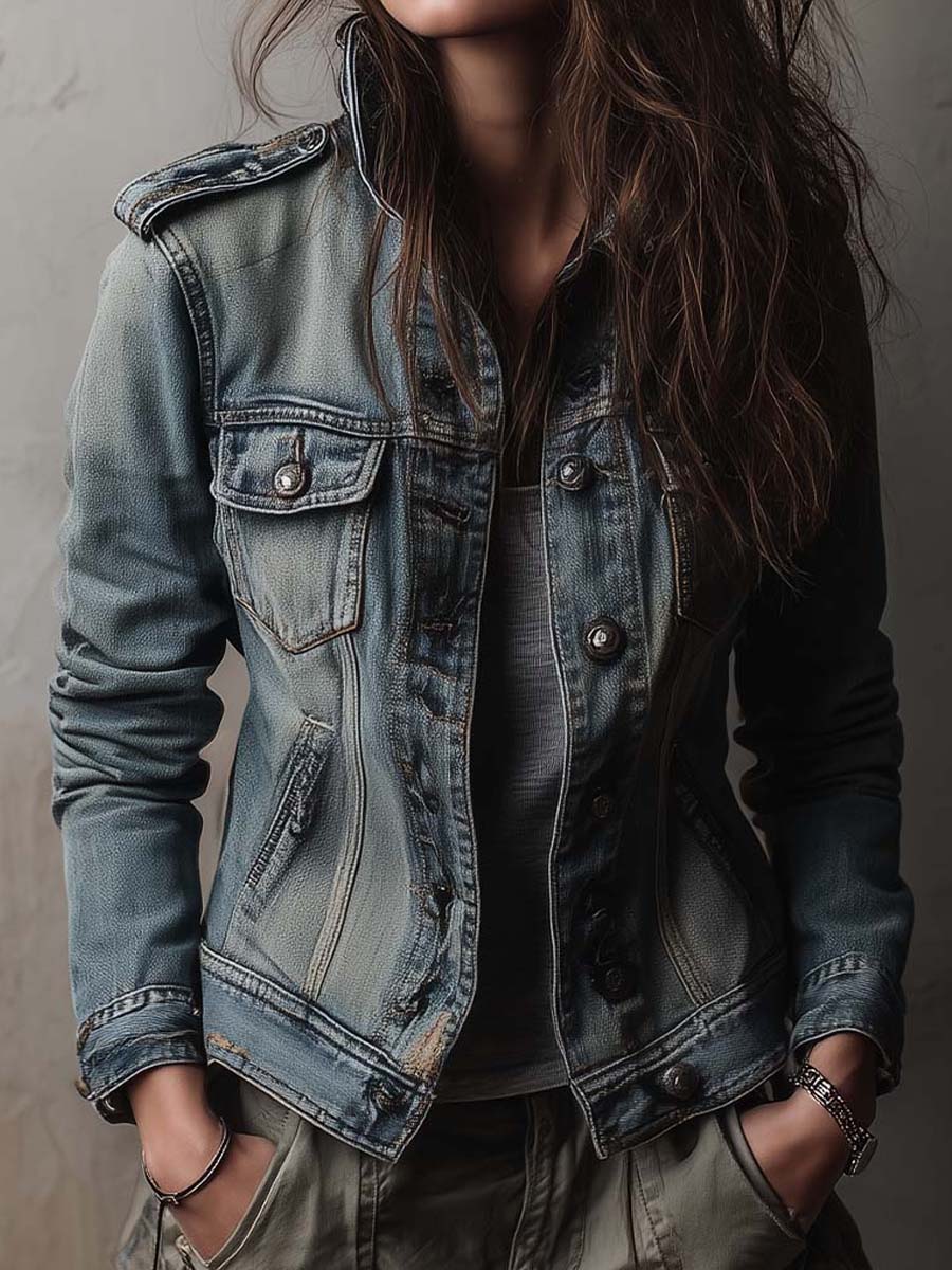 Chaqueta Denim Desgastada Hombreras Militares