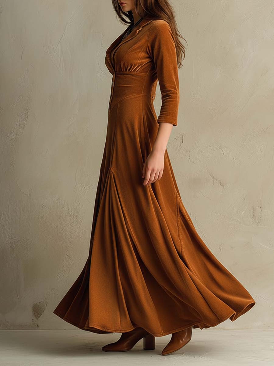 Vestido Maxi Caramelo Terciopelo Estilo Blazer