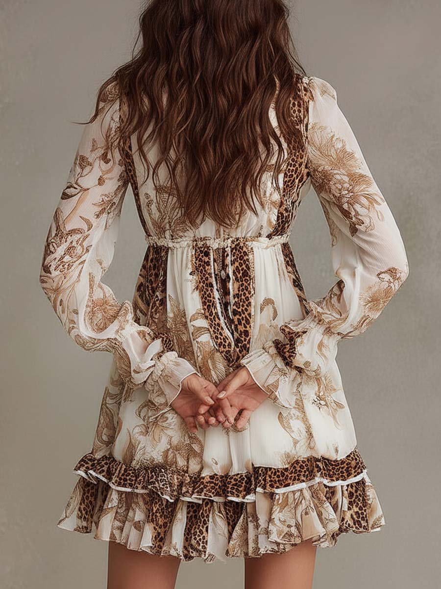 Vestido Mini Crema Boho Estampado Volante