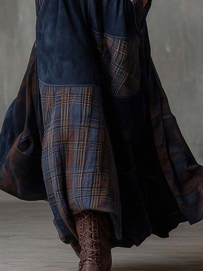 Vestido Maxi Azul Marino Ante Patchwork Cuadros