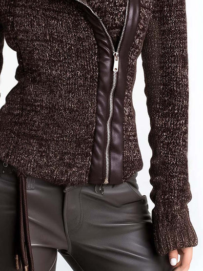 Chaqueta Punto Marrón Cremallera Asimétrica