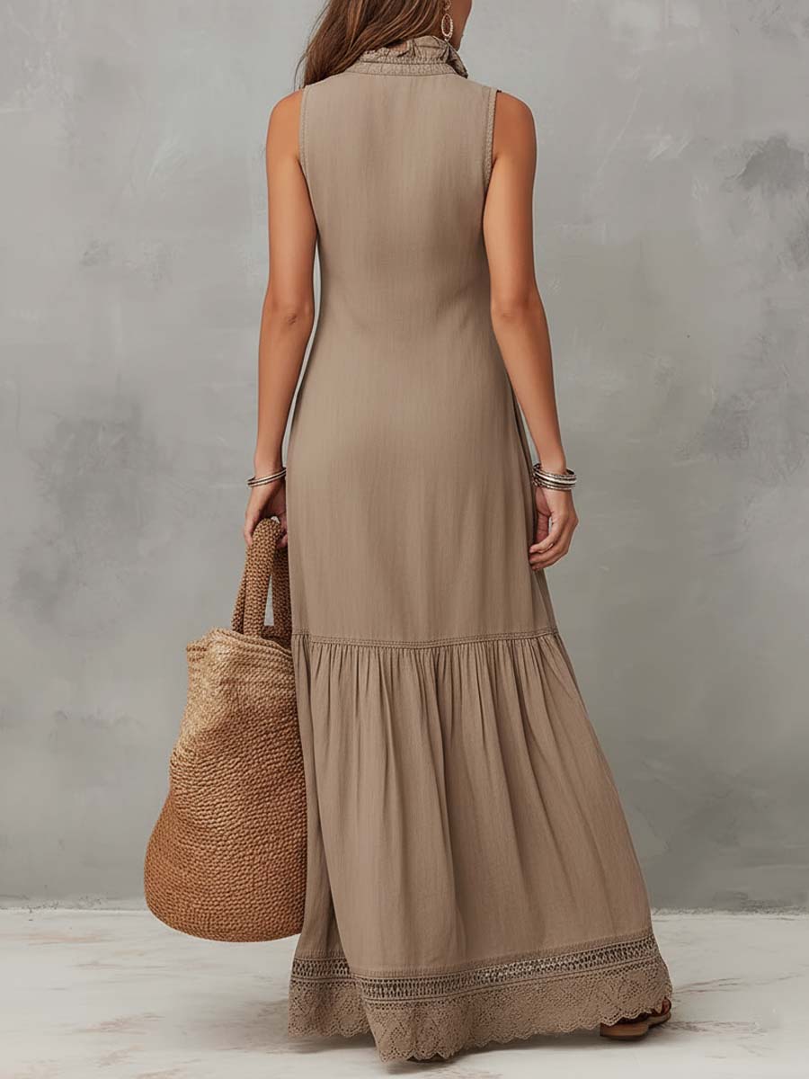 Vestido Maxi Caqui Algodón Sin Mangas