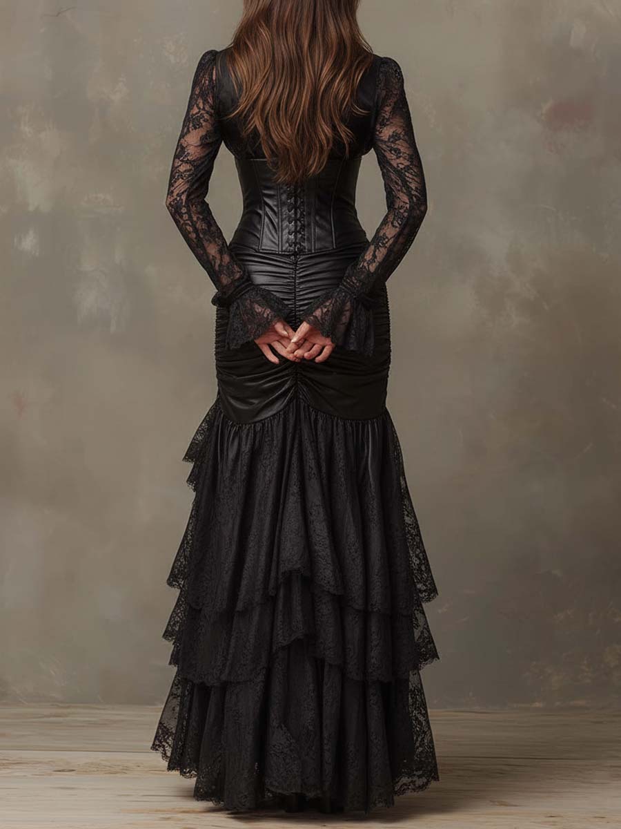Vestido Maxi Negro Piel Corsé Mangas Encaje