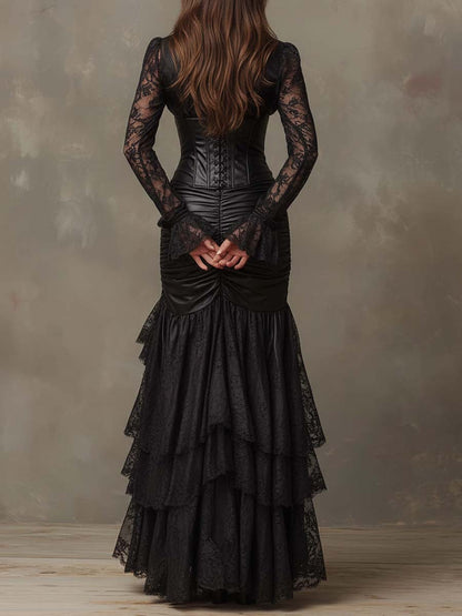 Vestido Maxi Negro Piel Corsé Mangas Encaje