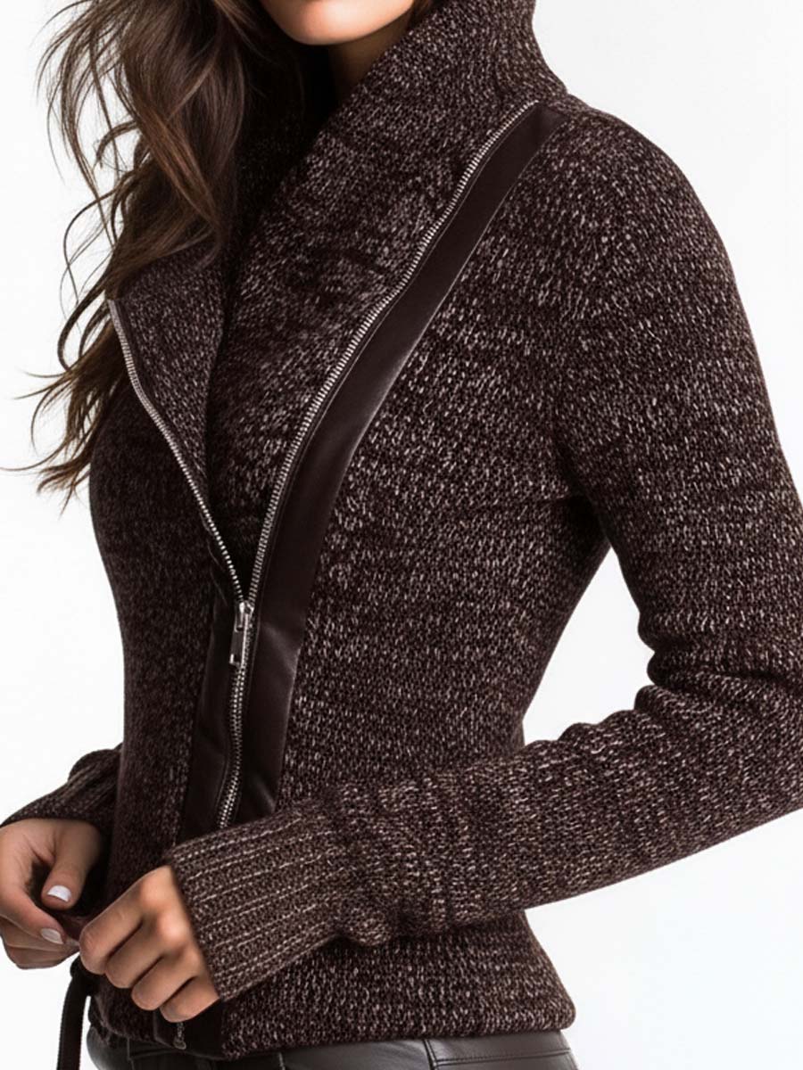 Chaqueta Punto Marrón Cremallera Asimétrica