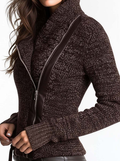 Chaqueta Punto Marrón Cremallera Asimétrica