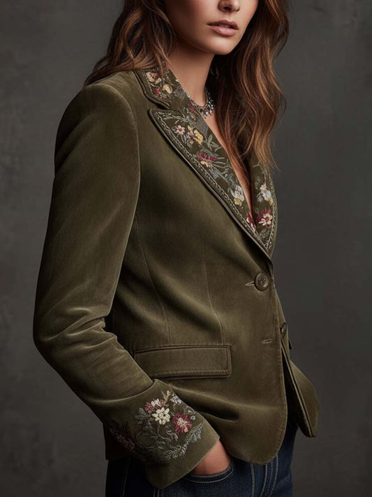 Blazer Terciopelo Verde Oliva Bordado Floral