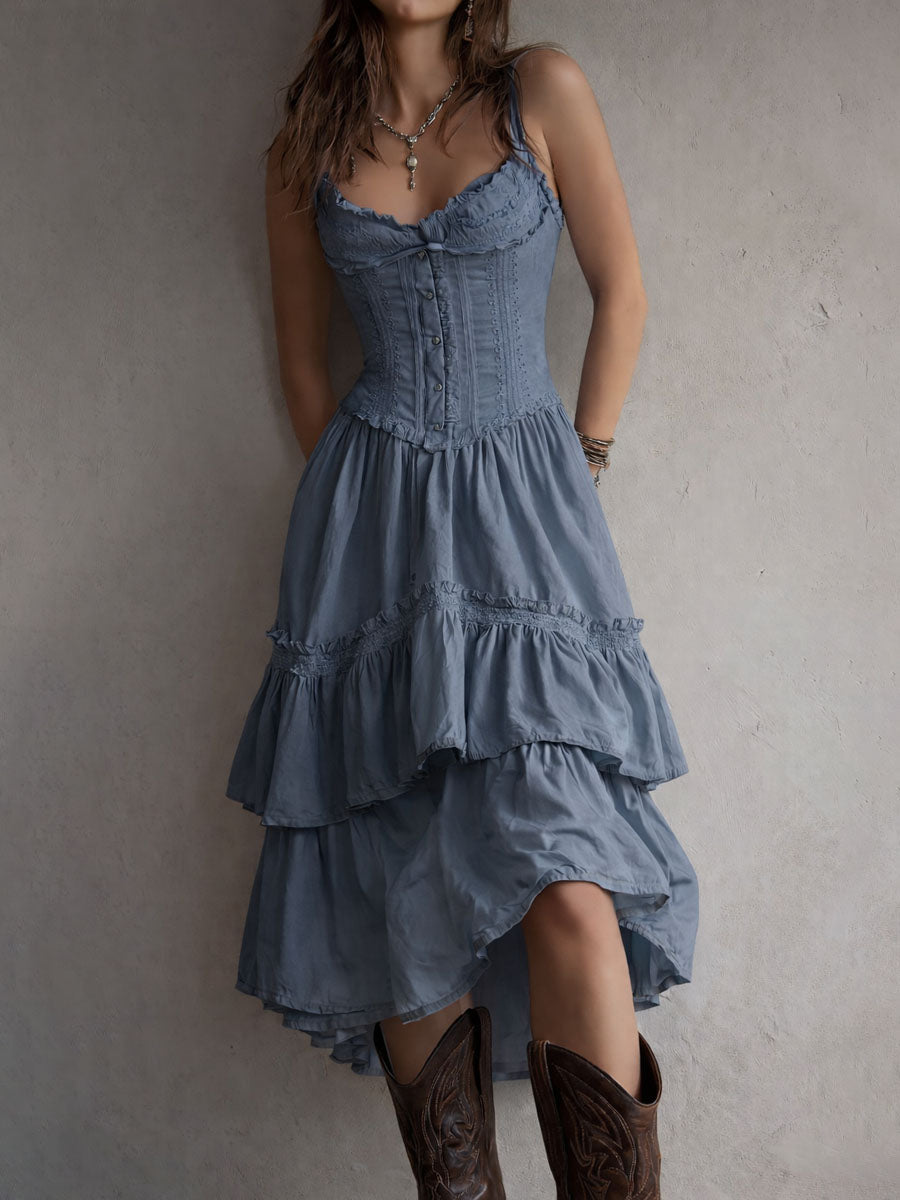 Vestido Midi Boho Corsé Blanco Volantes Encaje