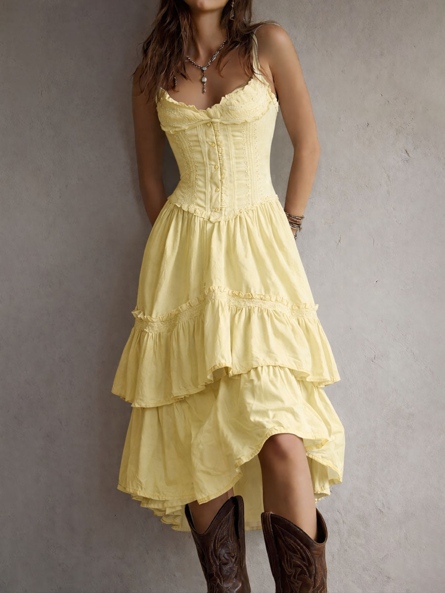 Vestido Midi Boho Corsé Blanco Volantes Encaje
