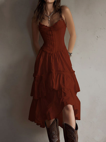 Vestido Midi Boho Corsé Blanco Volantes Encaje