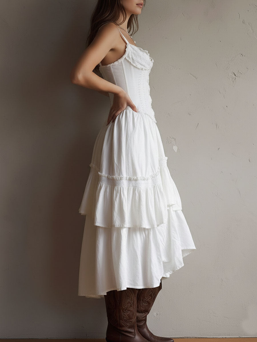 Vestido Midi Boho Corsé Blanco Volantes Encaje