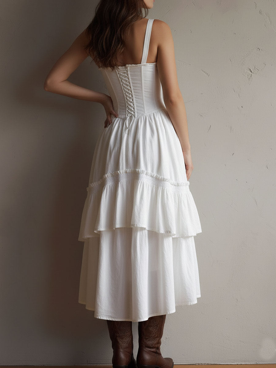 Vestido Midi Boho Corsé Blanco Volantes Encaje