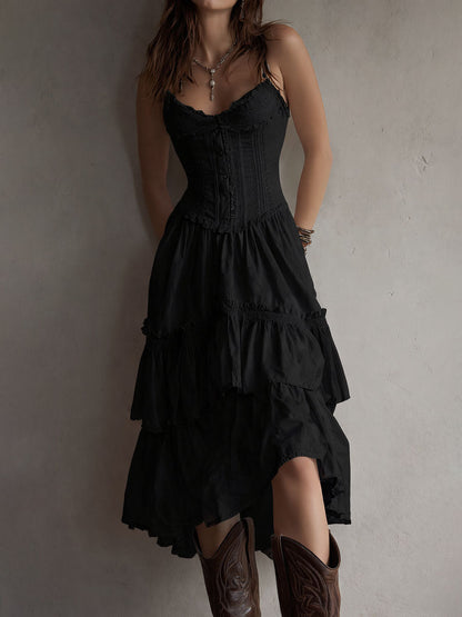 Vestido Midi Boho Corsé Blanco Volantes Encaje