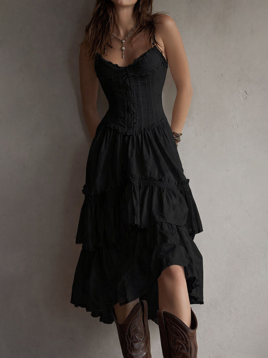 Vestido Midi Boho Corsé Blanco Volantes Encaje