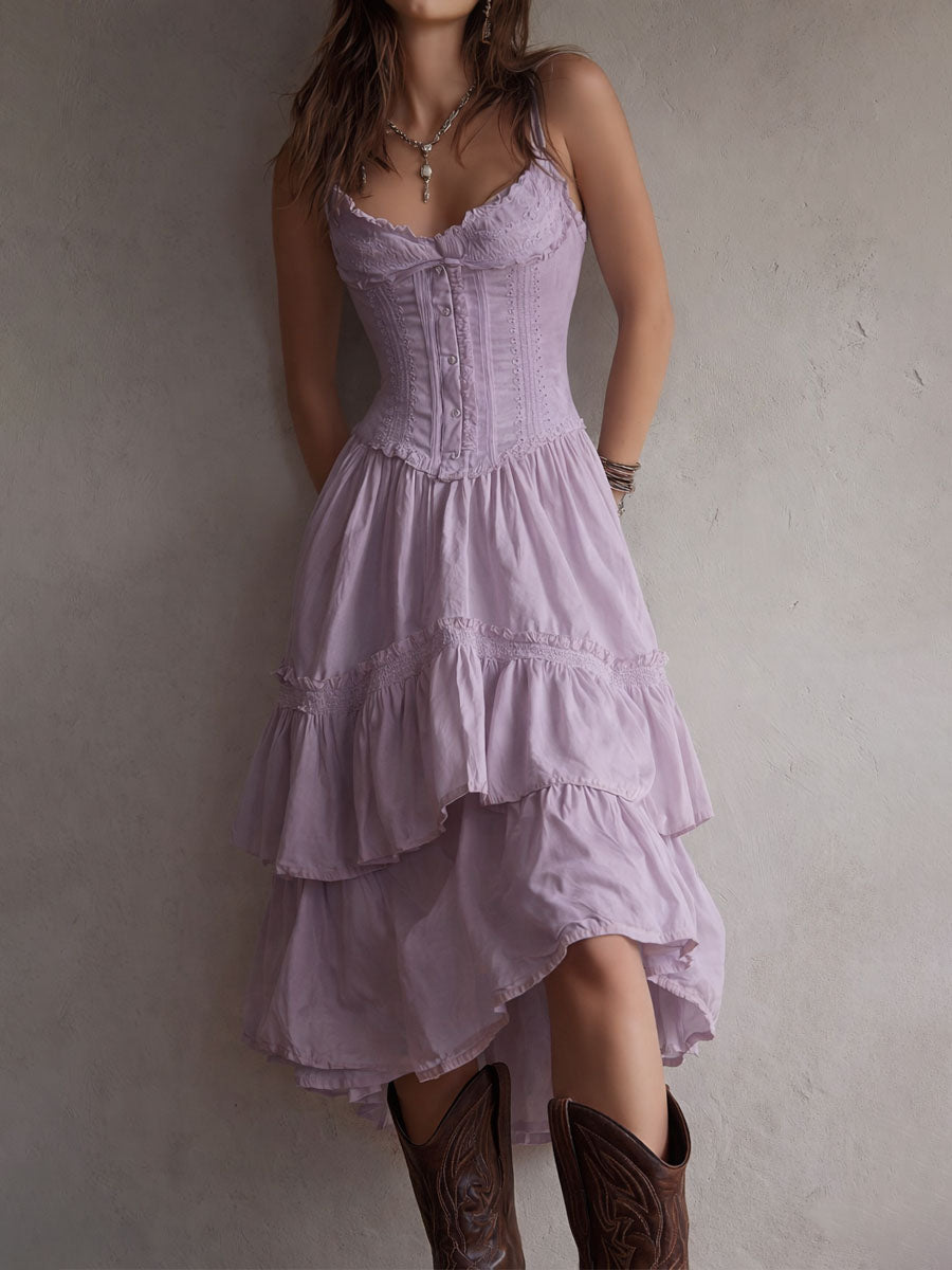 Vestido Midi Boho Corsé Blanco Volantes Encaje