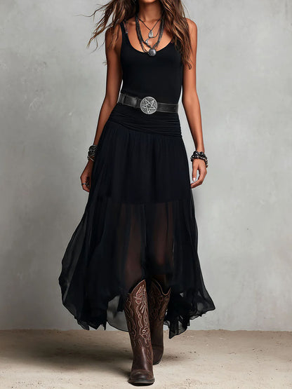 Vestido Maxi Negro Boho Western Falda Semitransparente