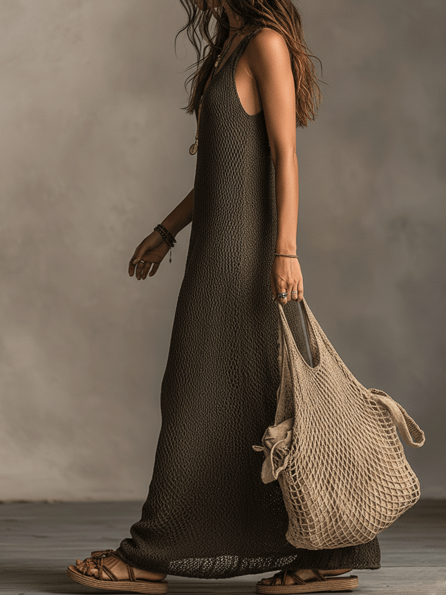 Vestido Maxi Oliva Punto Pierna Ancha Boho