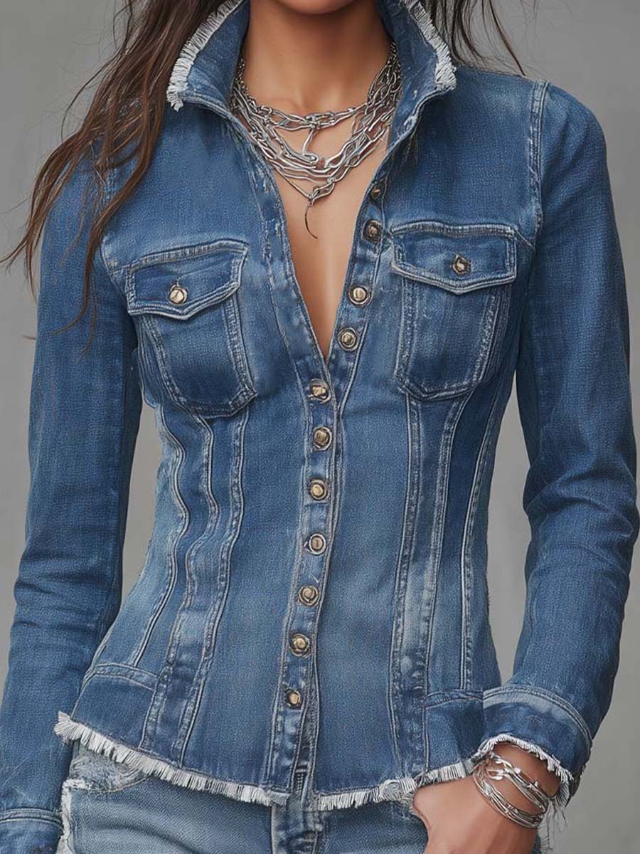Chaqueta Camisera Denim Azul Borde Deshilachado